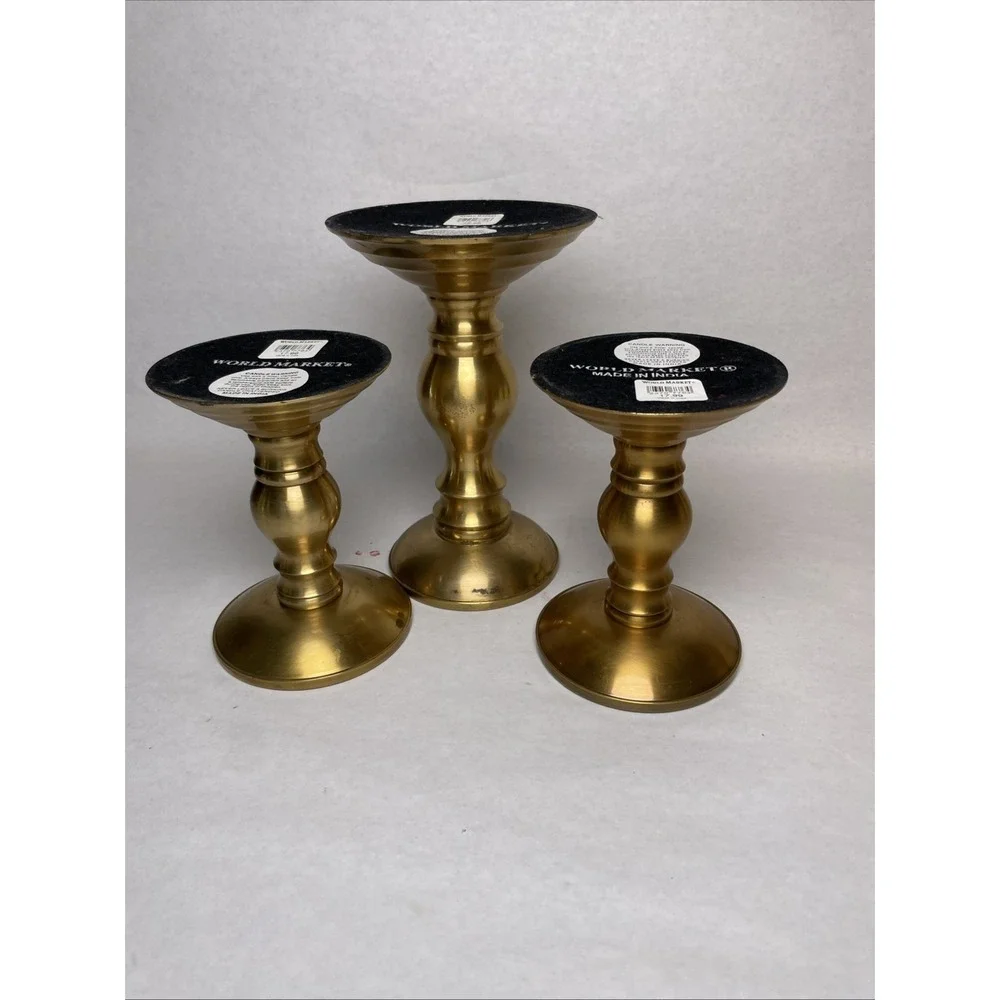 3 WORLD MARKET Brass Candle Stick Classic VINTAGE Holders Pillar Candle 4